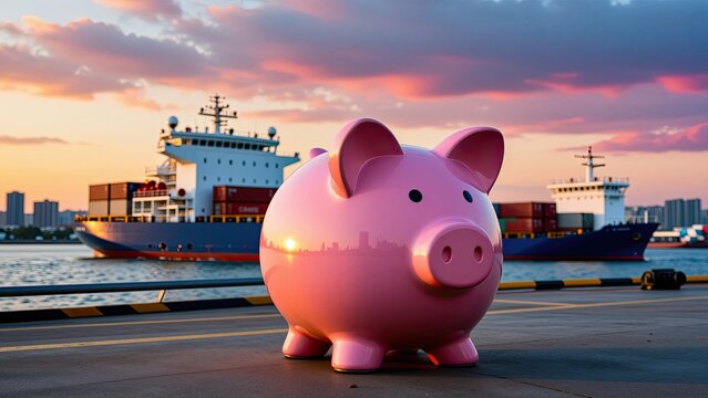 Pink piggy bank sculpture with pig face and round shape, large eyes, outdoor harbor setting with cargo ships at sunset, colorful sky and urban background
