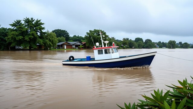 Boat navigating through floodwater with overcast sky and residential area in the background, depicting a flood scene and emergency response