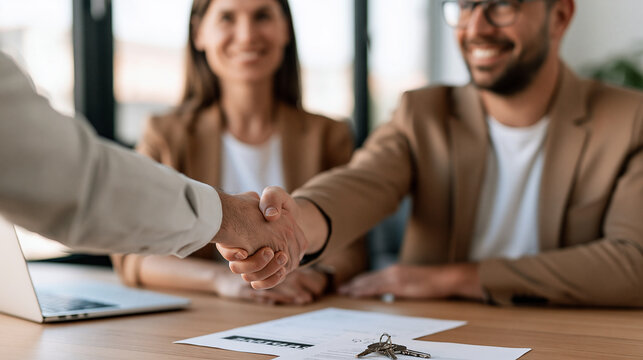 Young couple completing a real estate deal with their agent in a modern office, handshake across a desk with keys and documents visible, property transaction, home purchase,