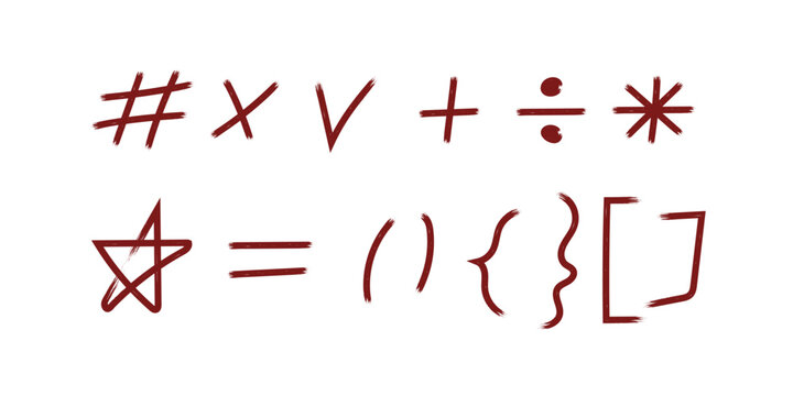 Hand-drawn symbol set with various mathematical and punctuation marks in a rustic, textured style
