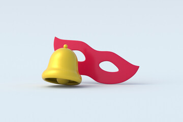Carnival time announcement. Mardi gras celebration festival start. Traditional holiday party invitation. New year masquerade countdown event. Bell beside mask. 3d render © OlekStock
