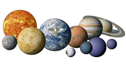 Isolated solar system planets and sun comparison chart showing celestial bodies lined up © Oisin