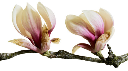 Isolated delicate pink and white magnolia flowers blooming on a rustic branch, close up detail © Oisin