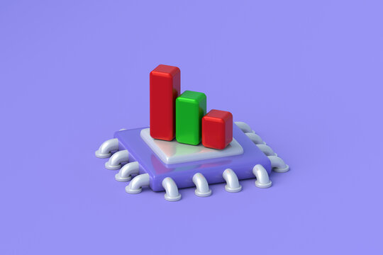 Microchip production deficit. Processor performance decline. Semiconductor market downturn. Hardware efficiency drop. Negative tech industry trend. Microscheme beside falling graph. 3d render