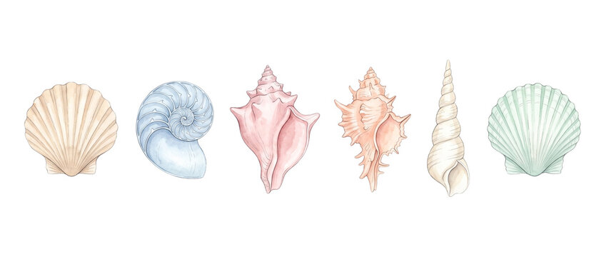Watercolor seashells collection isolated set of pastel sea shells on white background for summer beach design, featuring hand painted nautilus, scallop, and conch illustrations in soft ocean colors.