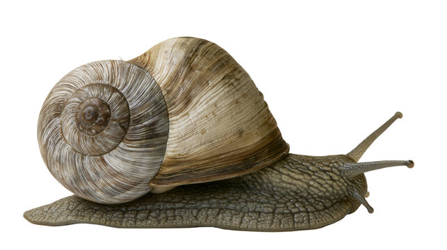 Isolated common garden snail in profile, showing textured body and intricate spiral shell.
