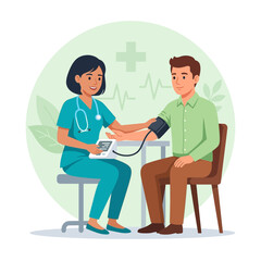 Obraz premium Nurse takes patient's blood pressure during medical checkup, vector illustration
