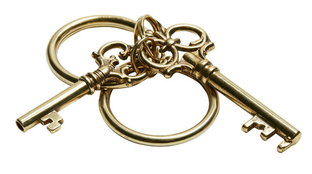 Isolated old fashioned skeleton keys on a keyring, shiny golden antique brass objects