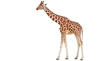 Isolated full body profile view of a majestic African wild giraffe standing tall and elegant. © Oisin