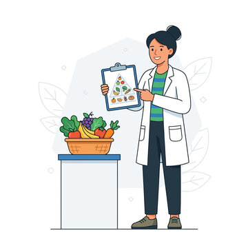 Nutritionist explains healthy food pyramid with basket of fresh fruits and vegetables, vector illustration