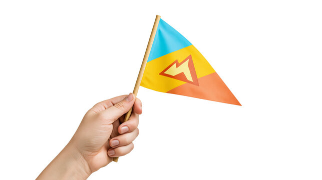 Isolated hand holding small flag with blue, yellow, orange stripes and mountain logo