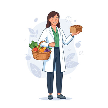 Nutritionist holding basket of fresh fruits and vegetables and a loaf of whole grain bread, cartoon style vector illustration.