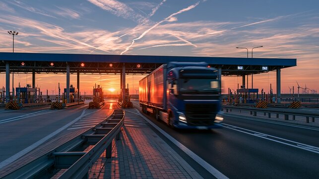 Blue truck drives quickly through highway toll gate plaza at sunset Generative AI