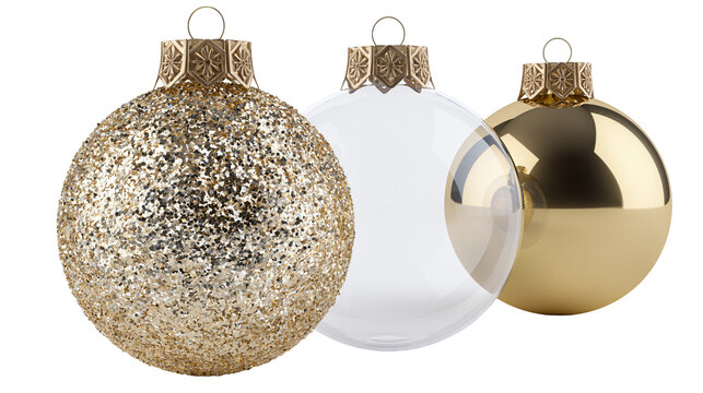Isolated trio of festive gold glitter, clear glass, and shiny gold Christmas tree decorations