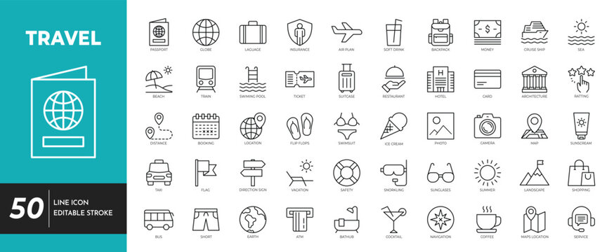 Travel icon set editable stroke.