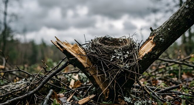 Abandoned Bird Nest on Broken Branch after Storm Symbolizing Loss Failure Emptiness and Disrupted Stability