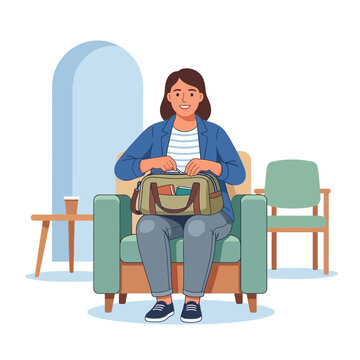 Smiling Woman Sitting in Armchair and Searching Her Bag