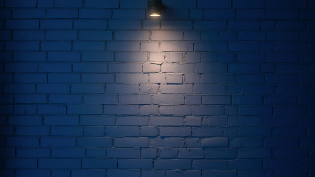 Dark blue brick wall background with spotlight, moody textured brickwork surface, illuminated navy masonry backdrop for product display