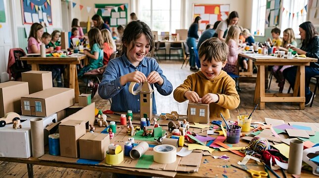 Children happily crafting cardboard houses and models in an art class