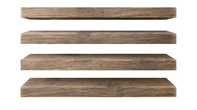 Isolated set of four aged weathered wooden floating shelves with natural rustic texture