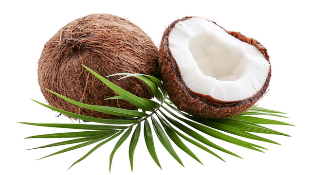 Isolated tropical whole and fresh halved coconut with vibrant green palm leaf arrangement