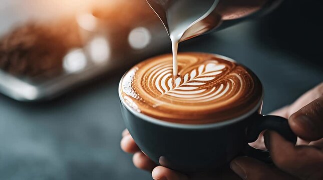 Skilled barista pours milk into a latte art cappuccino creating intricate leaf patterns in a ceramic cup held against a warm cozy background with baked goods