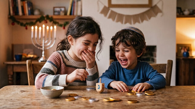 Laughing Jewish children playing dreidel game with gelt together during a warm Hanukkah celebration, suitable for educational content, cultural heritage blogs, and holiday websites