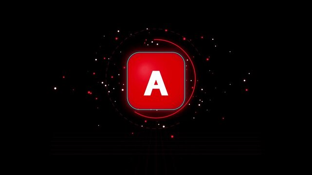 Red letter A logo animation, glossy app icon with glowing particles, modern digital alphabet motion graphic on black background
