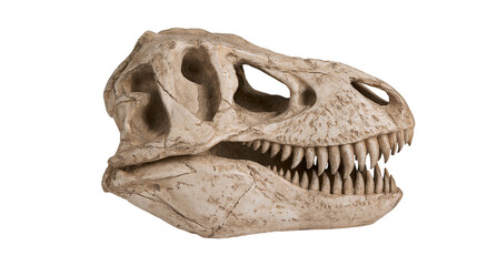 Isolated detailed ancient dinosaur fossil skull, bone skeleton head from prehistoric era. © Ioana
