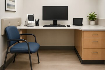 Fototapeta premium Accessible Consultation Desk with Leg Clearance Supportive Chair and Blank Screen Equipment for Inclusive Healthcare