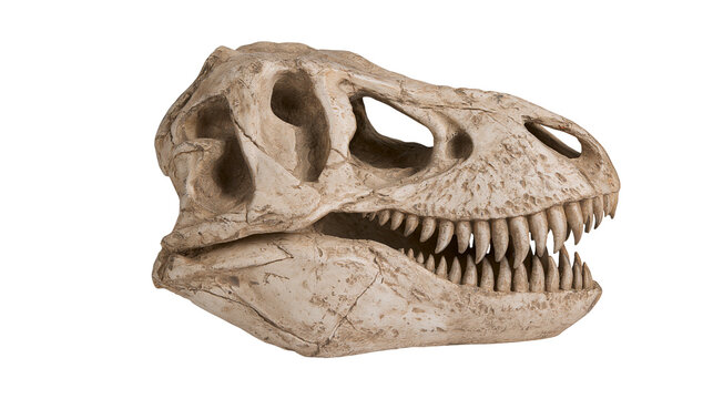 Isolated detailed ancient dinosaur fossil skull, bone skeleton head from prehistoric era.