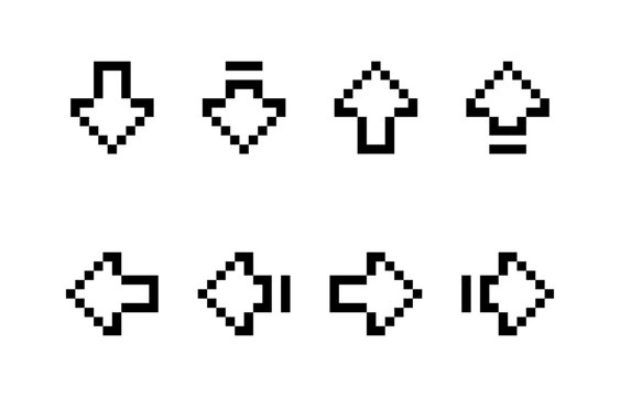 Pixel Art Direction Arrow Icons Set, Retro 8-Bit Navigation Symbols
