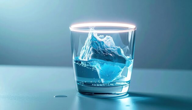 Glass with Ice Cubes on Table.