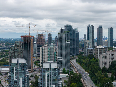 Burnaby Skyline With High-Rise Condos and Construction Cranes Overlooking Greater Vancouver, British Columbia