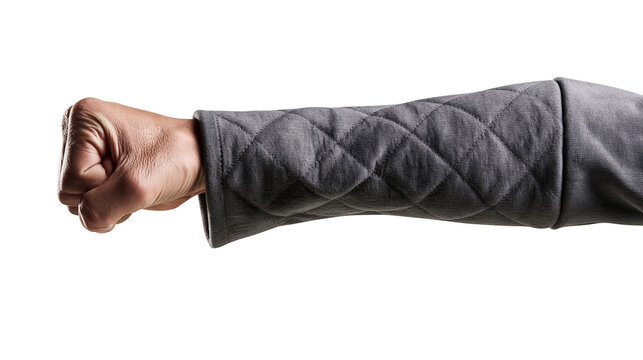 Isolated human hand showing a strong clenched fist and arm wearing a grey quilted sleeve
