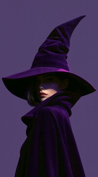 Woman in pointed purple witch hat and matching cloak portraying Hecate Greek goddess of witchcraft for Halloween costume party, mystical sorceress portrait