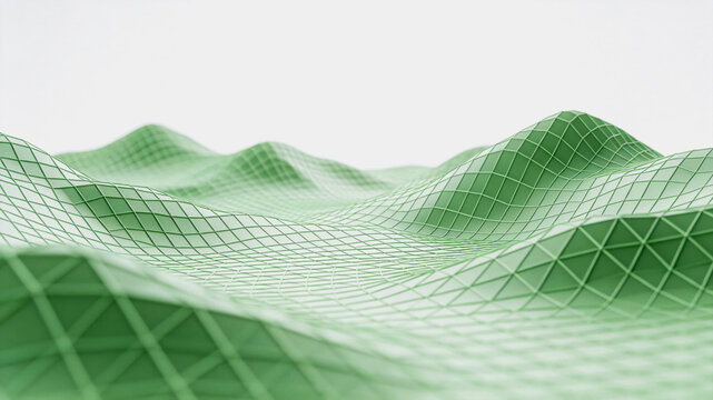 A 3D wireframe representation of undulating terrain, set against a plain white background with a green grid structure.