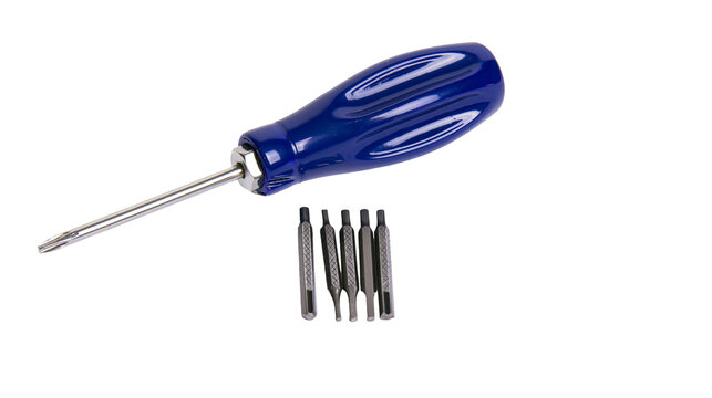 Isolated blue screwdriver with interchangeable bit set for precision electronic repair