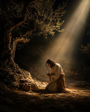Jesus Praying Beneath an Ancient Olive Tree in the Garden of Gethsemane 