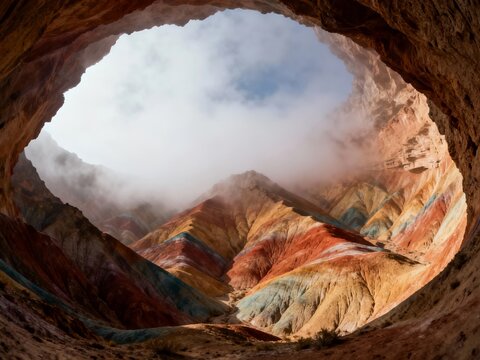 View of colorful layered mountains through a cave opening with clouds above