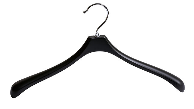 Isolated sleek black clothes hanger for garments, featuring a polished chrome metal hook
