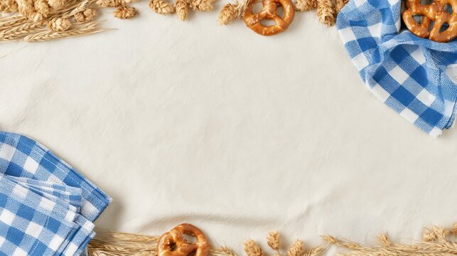 Pretzels, wheat and blue check cloth framing empty surface, Oktoberfest food background and seasonal party template concept