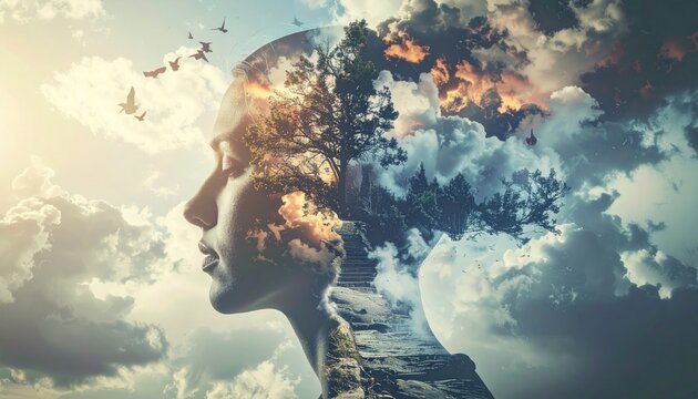 Surreal double exposure of a womans profile and nature landscape.