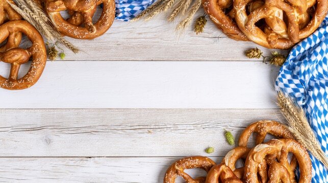 Pretzels with wheat and blue checkered cloth on rustic wooden background, Oktoberfest food styling and festive copy space concept