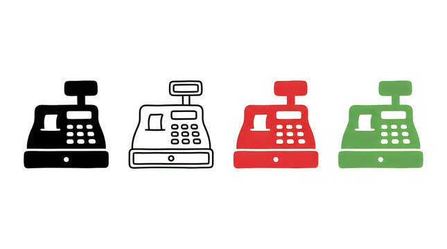 Four colored cash register icons in a row