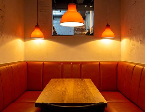 Empty restaurant booth illuminated by warm orange pendant lamps over a wooden table. Perfect for hospitality and interior design concepts.