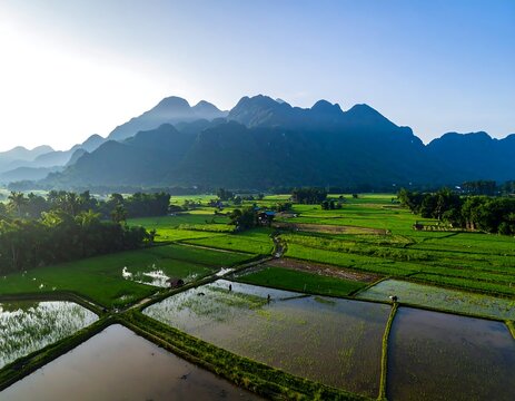 Aerial view of lush green rice paddy fields with farmers working against a dramatic mountain backdrop. Perfect for sustainable agriculture and travel tourism concepts.