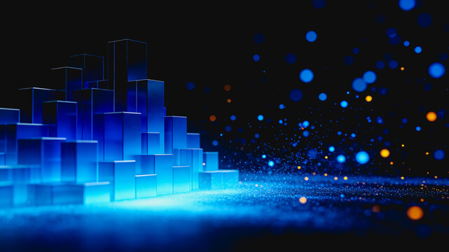 A futuristic abstract 3D bar chart with glowing blue and orange particles, representing data visualization and digital technology concepts.