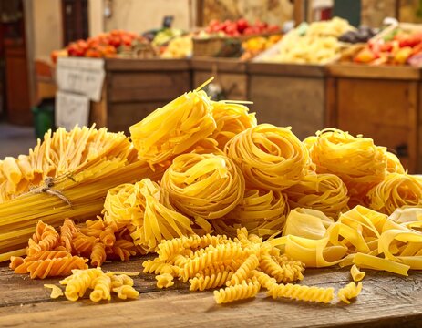 Fresh artisanal Italian pasta displayed on a rustic wooden market stall in Tuscany. Perfect for culinary blogs, restaurant menus, and Mediterranean food packaging design concepts.