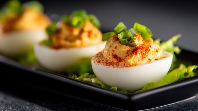 deviled eggs close-up with bokeh background, shallow focus, elegant food photography style